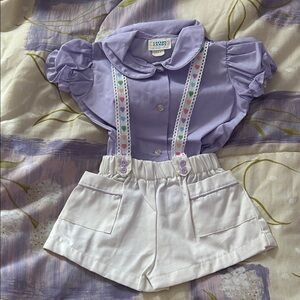 Catton Candy vintage Purple Puff Sleeve Top w/White Shorts w/ suspenders 12 mo.